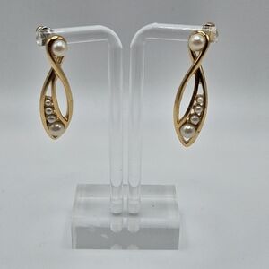 VINTAGE Richelieu Gold Tone Faux Pearl Long Post Earrings Signed